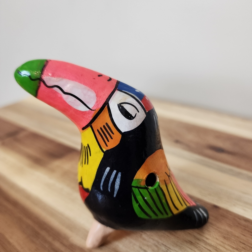 Handpainted Whistle Colorful Toucan Clay Handmade Bird Folk Art Pottery